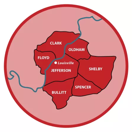 Illustration showing 7 counties in Indiana and Kentucky around Louisville