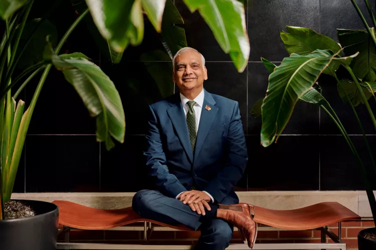 A man in a blue suit seated on a wavy wooden bench among green potted palms
