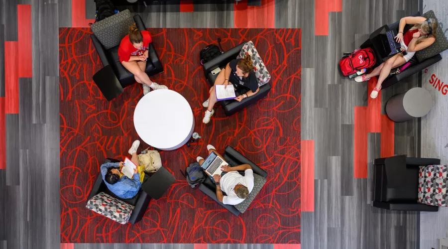 Aerial view of students in the Woodford R. & Harriet Porter Building.